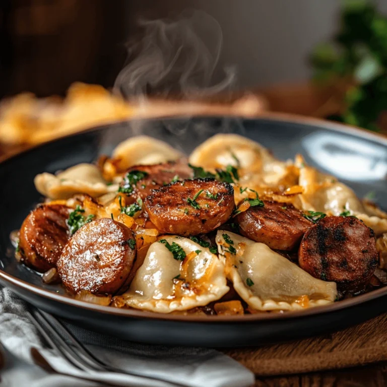 A steaming plate of pierogies and kielbasa, topped with caramelized onions and fresh parsley, served on a black dish.