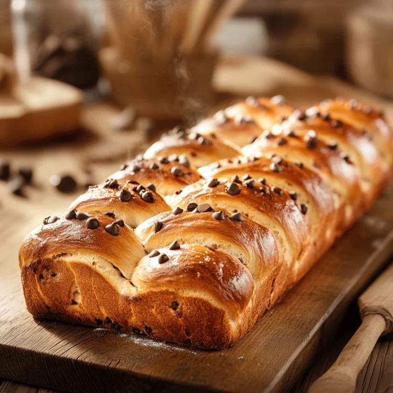 A close-up of a freshly baked, golden-brown chocolate chip brioche loaf with a glossy surface, resting on a wooden board.