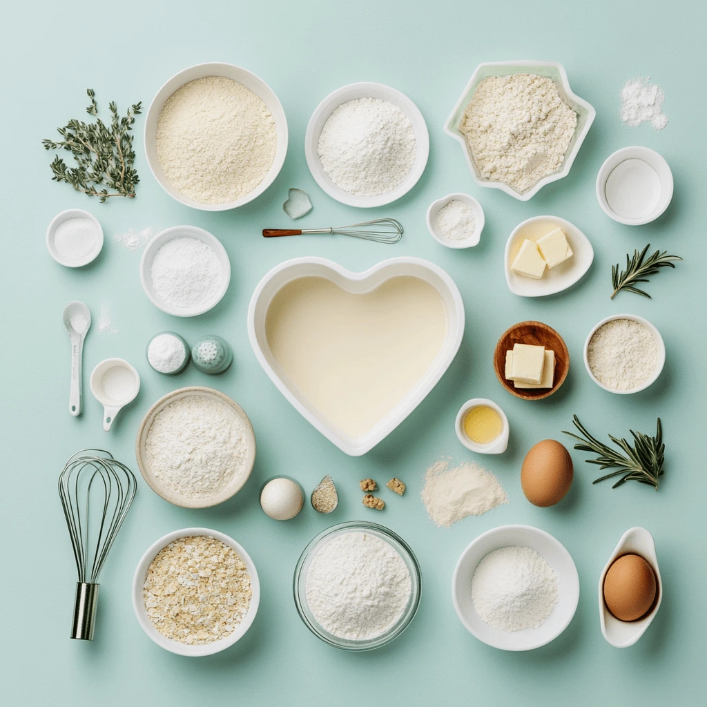 Flat-lay of baking tools and ingredients arranged around a heart-shaped cake pan on a mint-green surface.