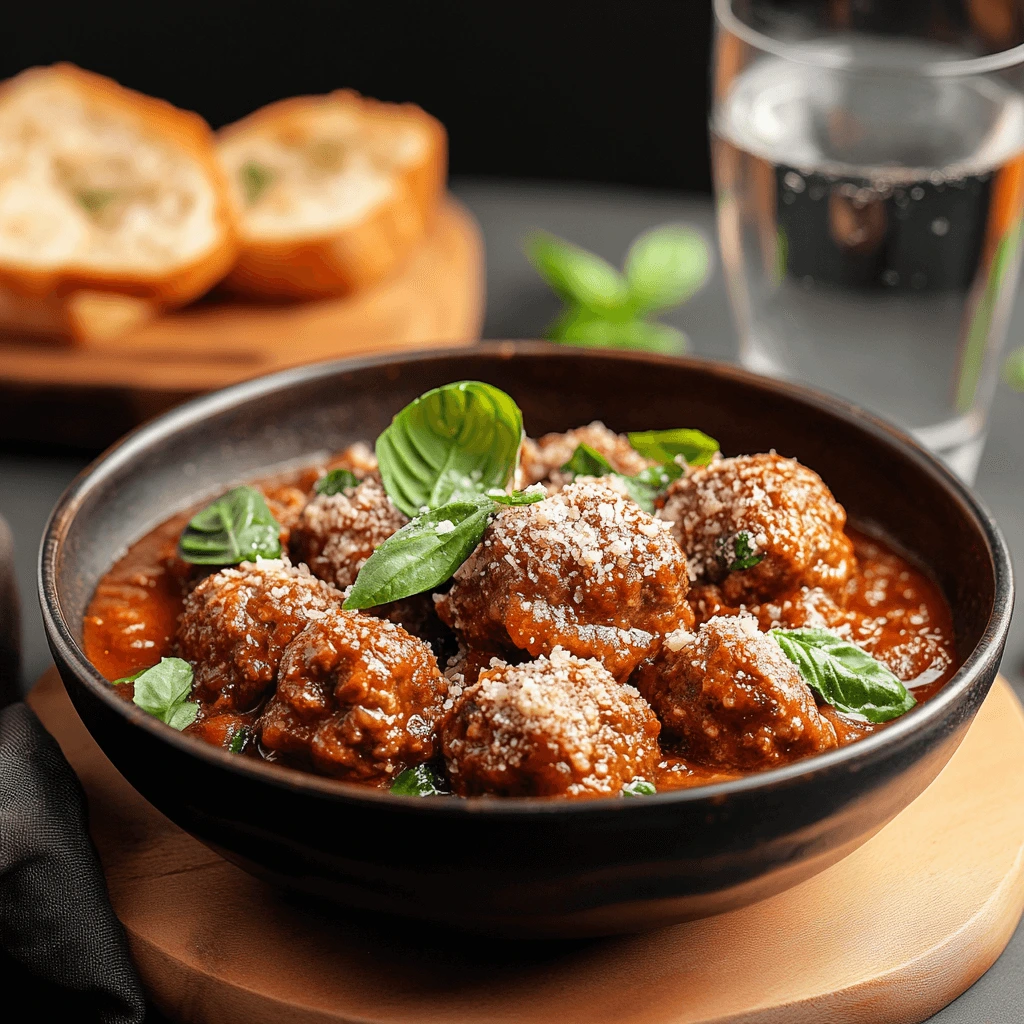 A rustic bowl of classic Wagyu meatballs in rich tomato sauce, garnished with Parmesan and basil, served with garlic bread and a glass of water.