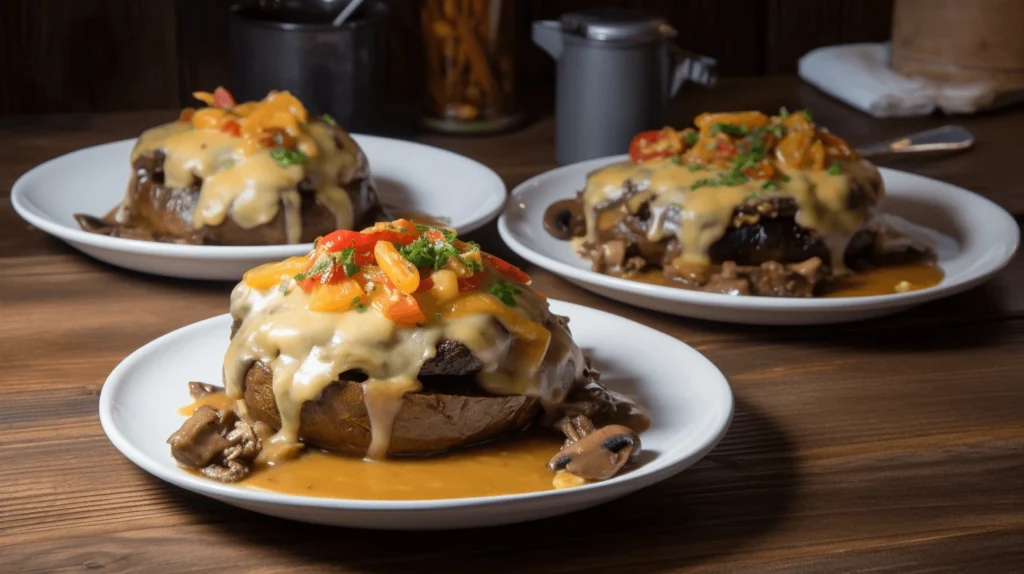 Three plates of Amish Hamburger Steak Bake with a modern twist, topped with melted cheddar cheese, fresh cherry tomatoes, and mushrooms, served with a rich brown gravy.