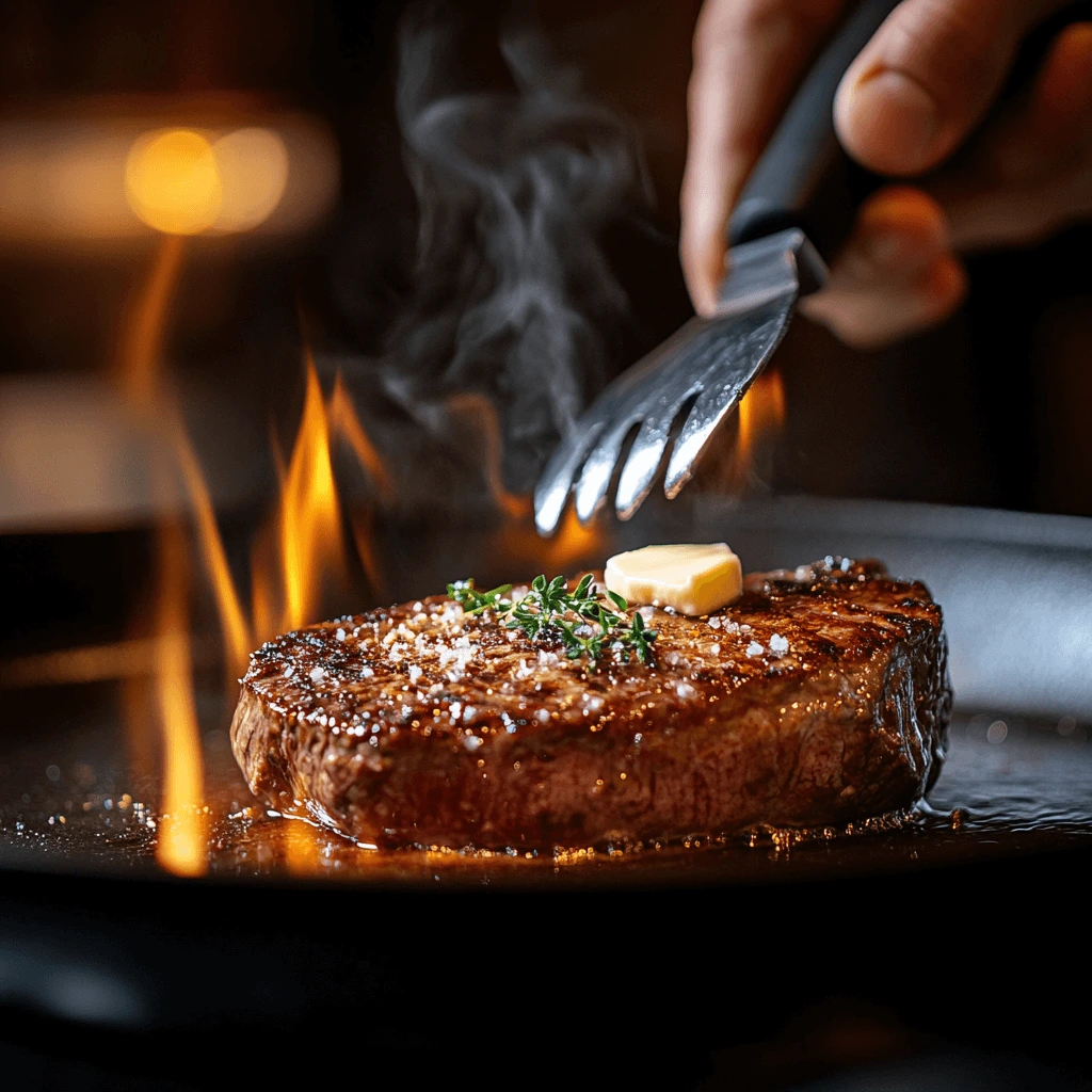 A sizzling sous vide steak being seared in a cast iron skillet with flames rising, butter melting on top, and a chef using tongs to press the meat.