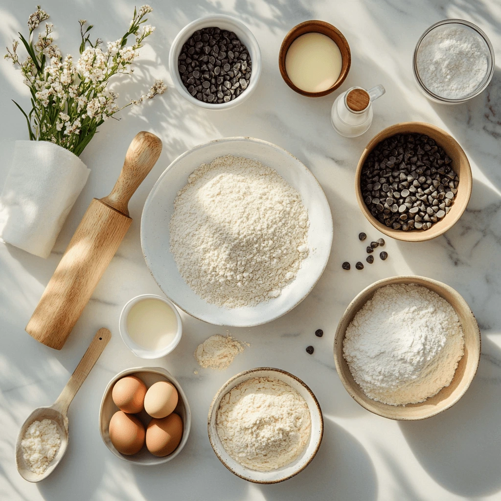 A top-down view of baking ingredients for brioche, including flour, chocolate chips, eggs, milk, and a rolling pin, arranged on a marble surface.