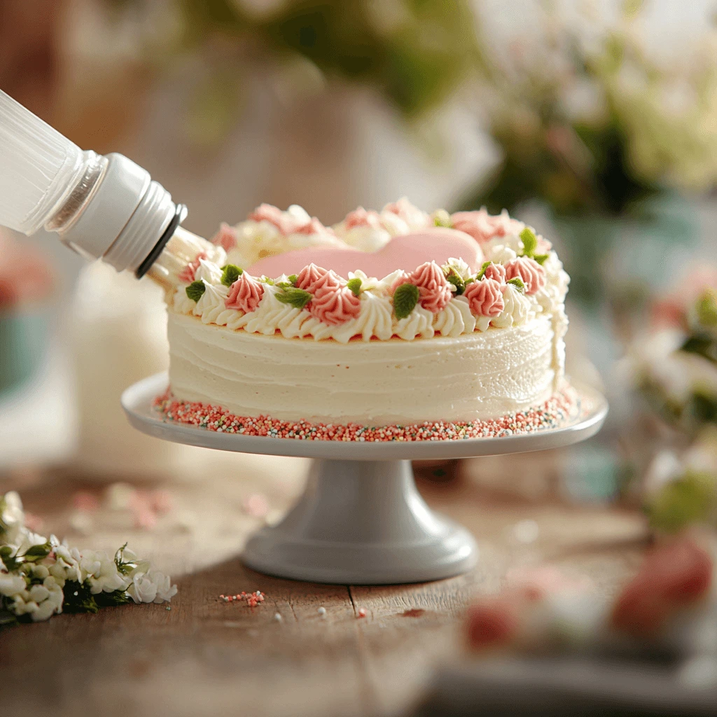 Close-up of a round cake being decorated to resemble a heart, featuring pink frosting accents and sprinkles on a cake stand.