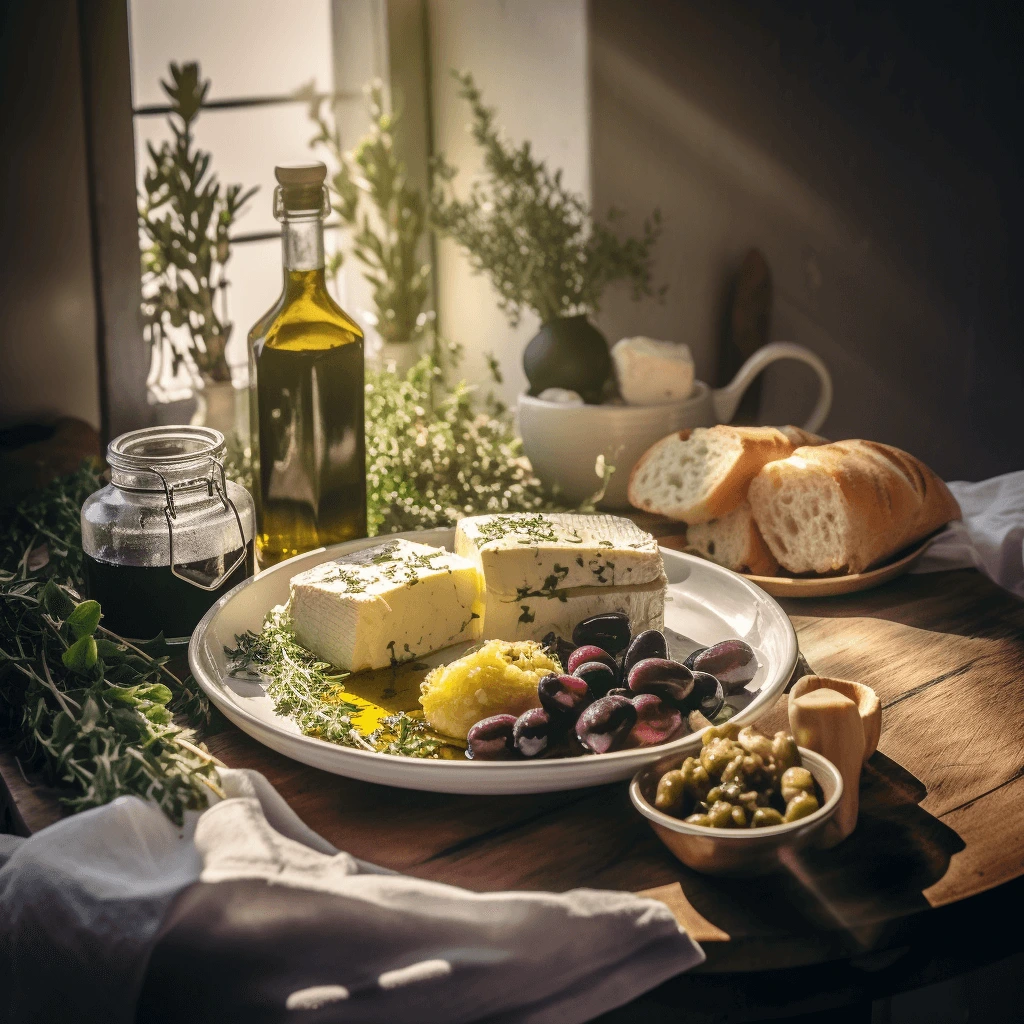 A Mediterranean table with homemade feta cheese in brine, olives, bread, and herbs.