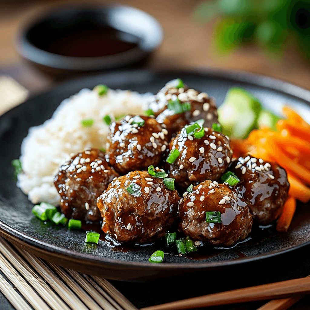 Asian-style Wagyu meatballs glazed in teriyaki sauce, garnished with sesame seeds and green onions, served with white rice and pickled vegetables.