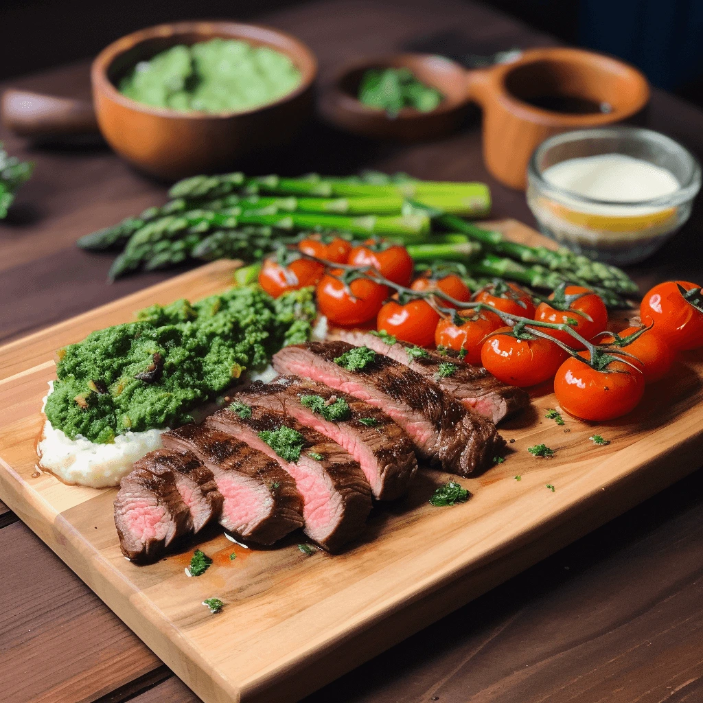 A gourmet presentation of sous vide skirt steak, sliced and plated with mashed potatoes, asparagus, cherry tomatoes, and chimichurri sauce.