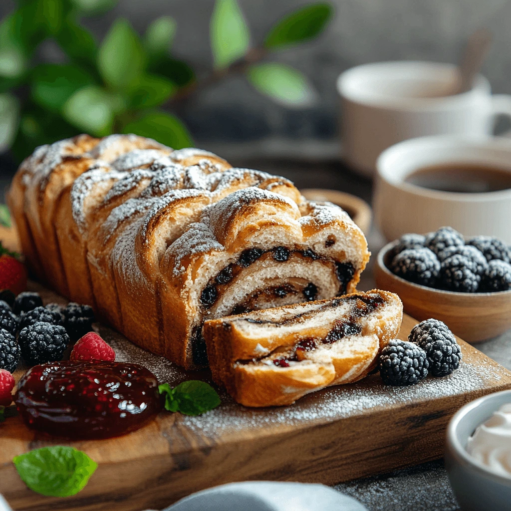 A sliced chocolate chip brioche loaf dusted with powdered sugar, accompanied by berries, jam, and coffee cups on a rustic table.